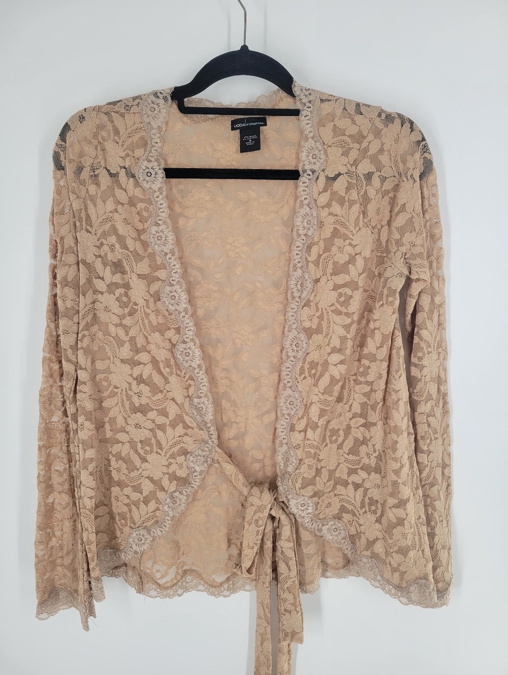 Moda International Beige Lace Wrap Top with Scalloped Edge Small Y2K